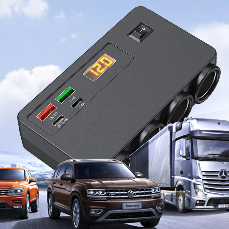 🔌120W Car Charger Adapter – 4 USB Ports (PD 30W + QC 3.0) + 3 Sockets, Real-Time Voltage Display! 🚗⚡ - Image 6