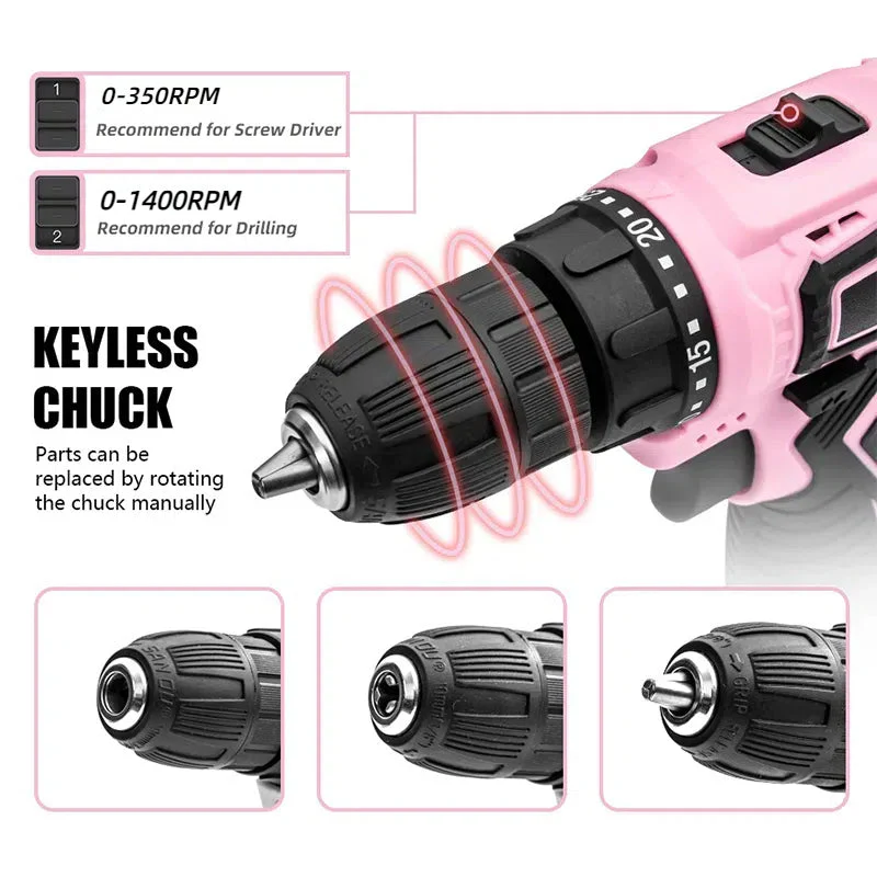 Pink Cordless Drill Driver Set with 25+1 Torque Settings - Image 4
