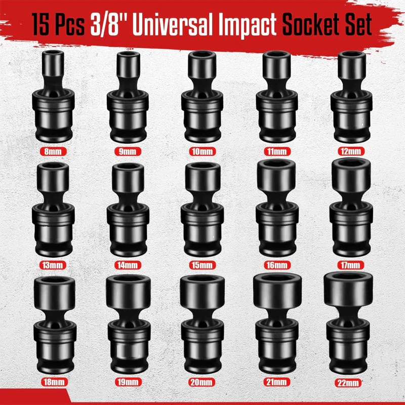 15pcs 3/8" Shallow Impact Universal Joint Socket Set - Image 5